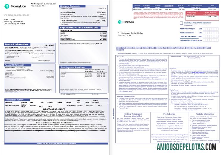 Extrato de hipoteca do MoneyLion Bank dos EUA, Califórnia, em formatos Word e PDF, 3 páginas 1 2 modelo